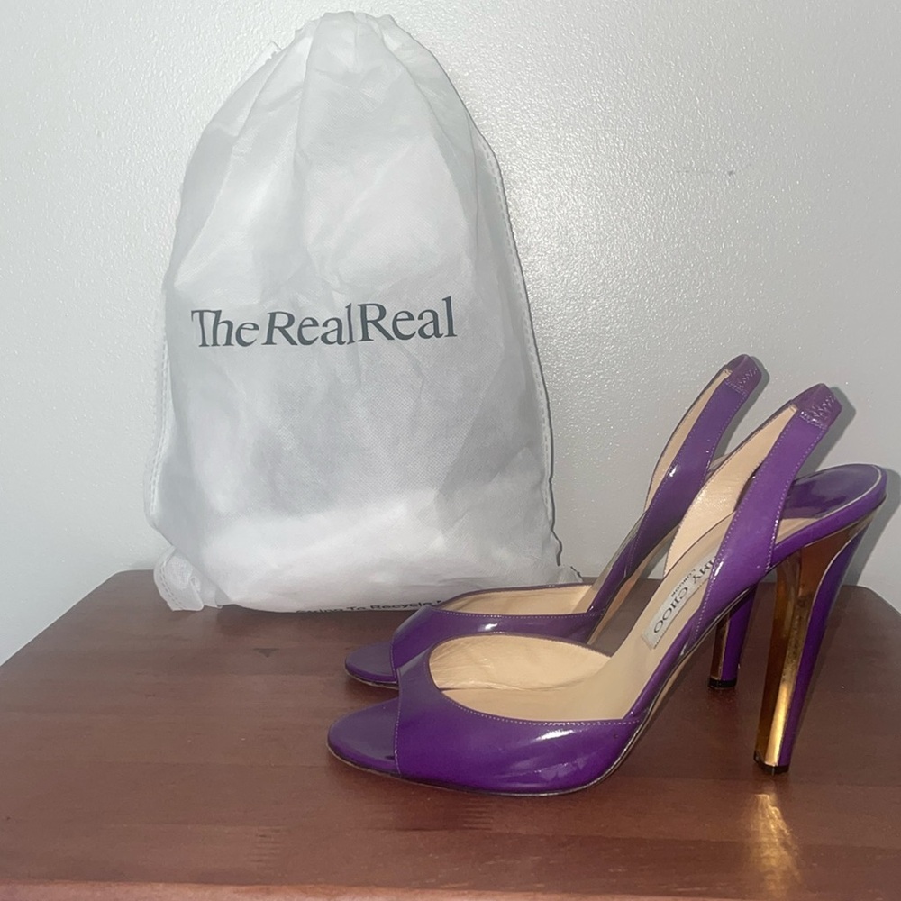 Jimmy Choo Patent Leather Slingback Sandals - Purple/Gold